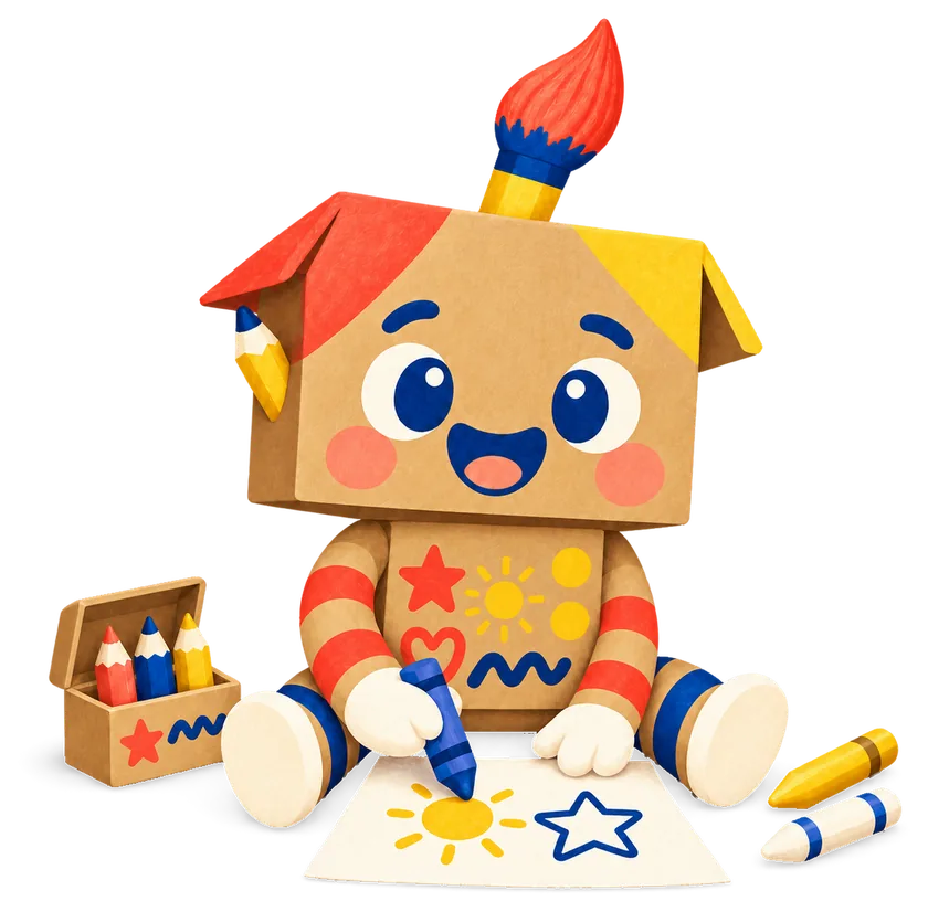 Boxley, a cardboard robot with a paintbrush on his head, colouring a sun and a star.