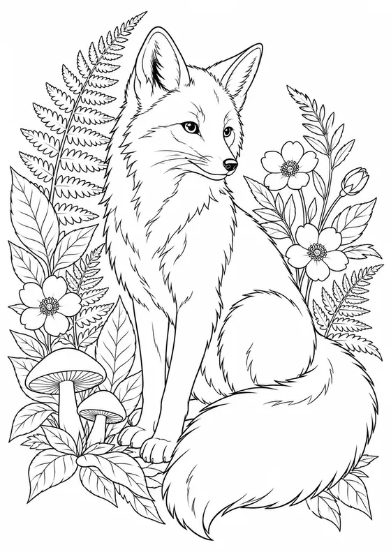 Colouring page: a fox among ferns and flowers.