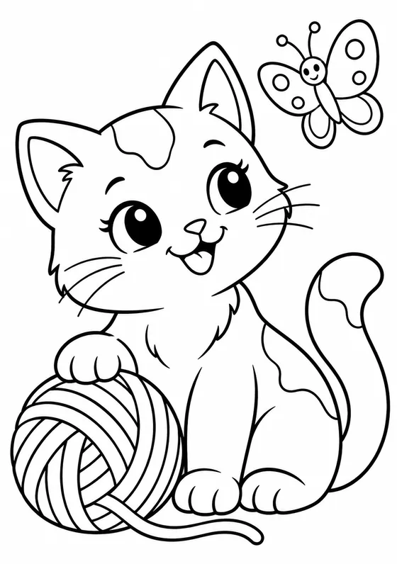 Colouring page: a kitten playing with a ball of wool, with big, simple outlines for younger children.